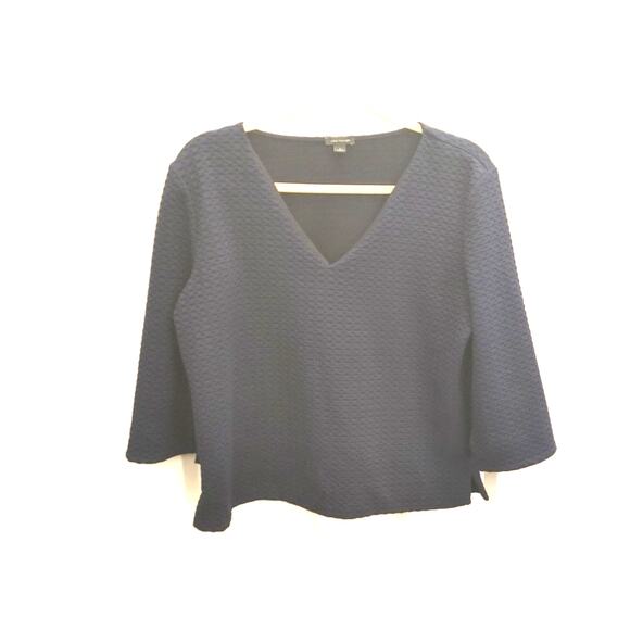 Ann Taylor Top Blouse V-Neck Waffle Print Navy Blue Black Large Lined - Picture 1 of 5